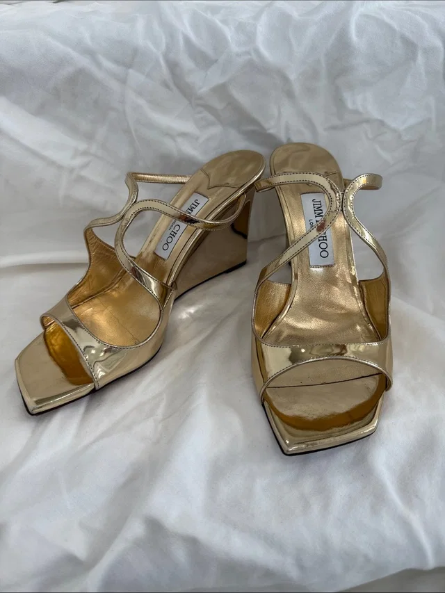 Jimmy Choo Metallic Gold Strappy Wedge Sandals in gold from Poshmark