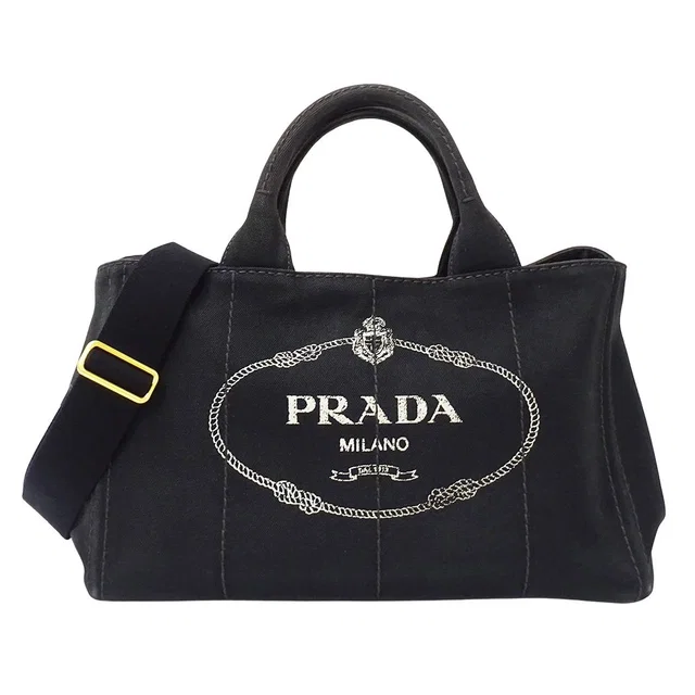 Prada Tote Shoulder Bag 2-Way Canapa M Canvas Black in Black Canvas from The Reluxe