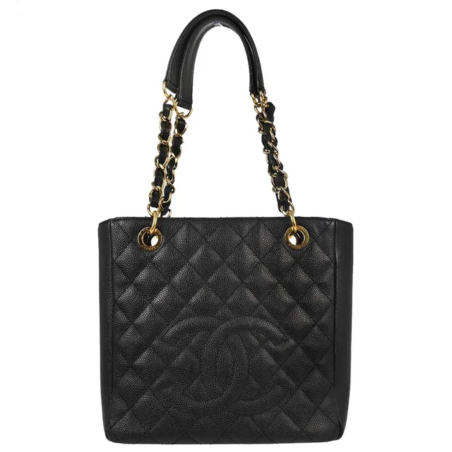 Chanel 2011 Black Caviar Skin Petite Shopping Tote PST Chain Handbag in Black Caviar leather from AMORE Vintage Tokyo