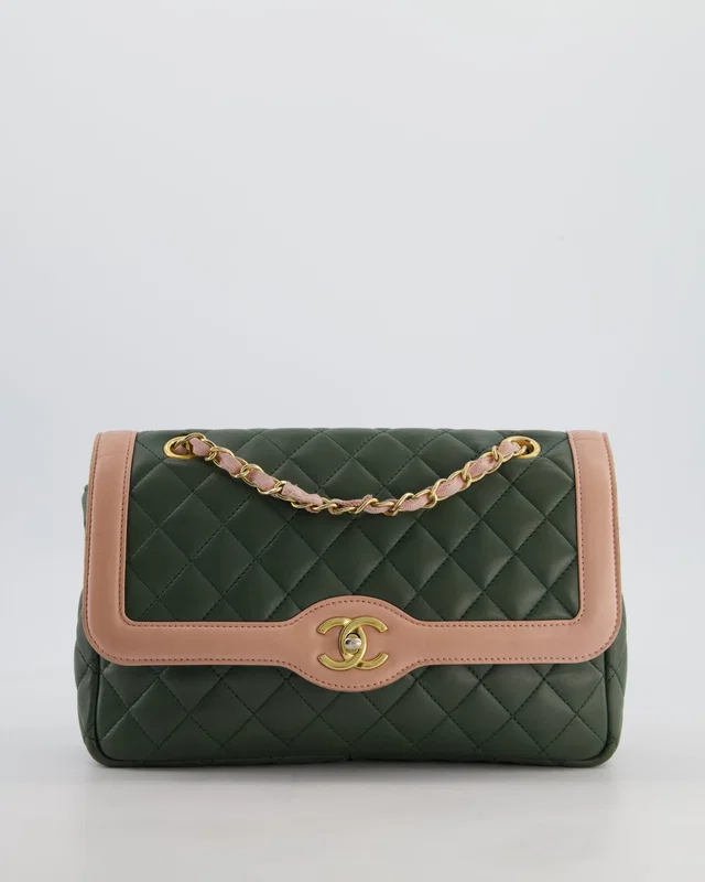Chanel Khaki and Pink Single Flap Bag in Green Lambskin from Sellier