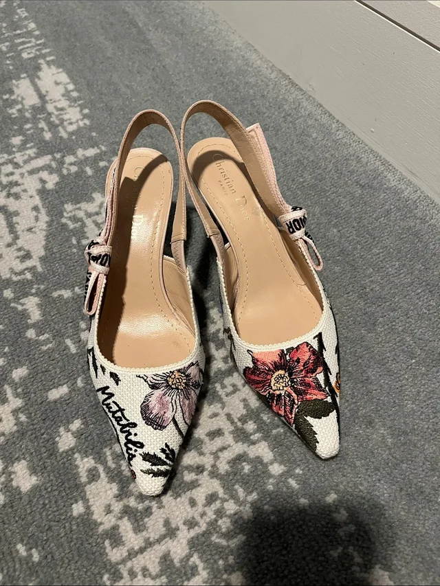 Dior Slingback Pumps With Pink & Red Floral Embroidery in white Canvas from Poshmark