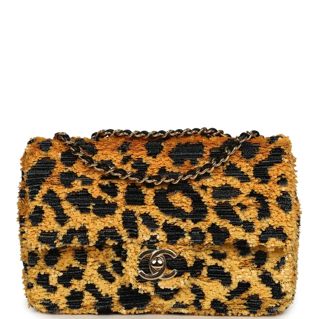 Chanel Mini Cheetah Print Flap Bag Orange, Black Sequin Gold Hardware in Black Lambskin from Madison Avenue Couture