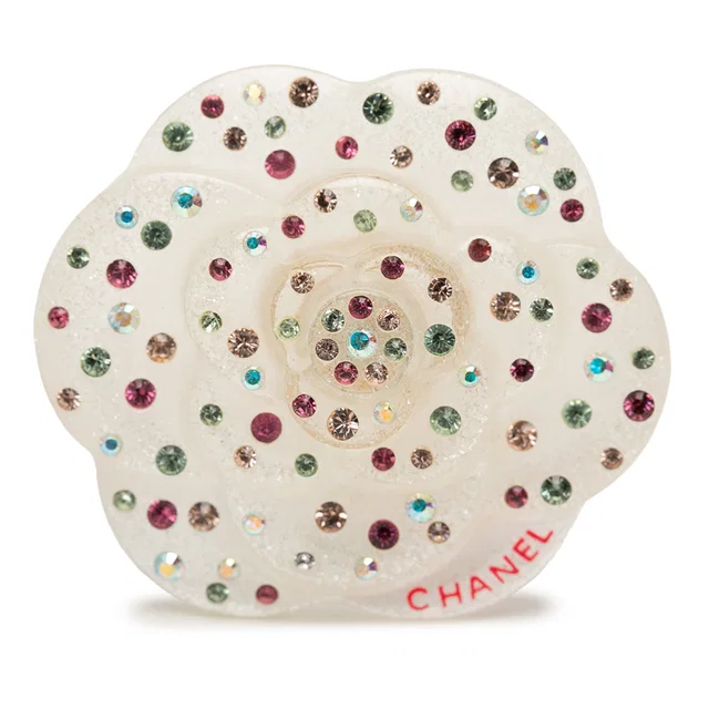 White Chanel CC Resin and Crystal Camellia Brooch in White Resin from Designer Revival