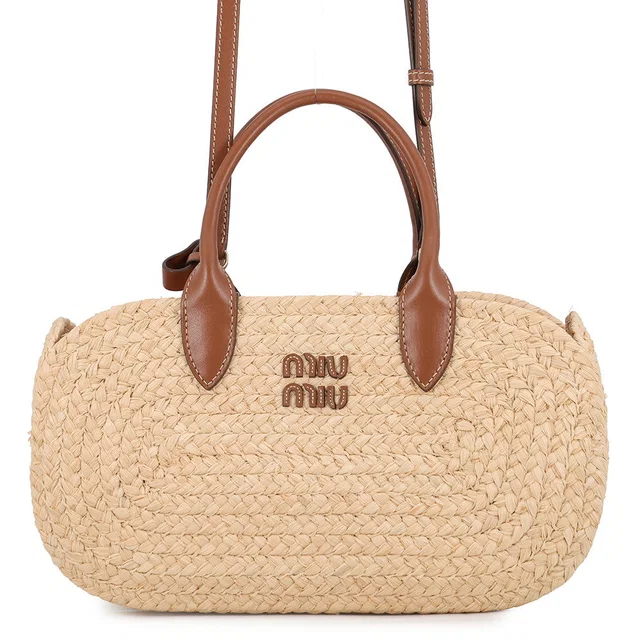 Miu Miu Raffia Handbag Beige/CognacBrown5BA312_2IHX_F0A5T_V_OOO Leather Raffia in Beige Raffia from GALLERY RARE