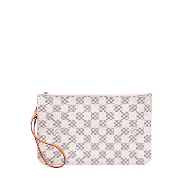White Louis Vuitton Damier Azur Neverfull MM Pouch in White Canvas from Designer Revival