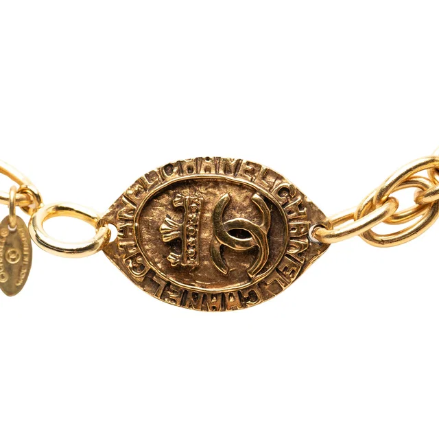Gold Chanel CC Gold Plated Oval Medallion Pendant Double Chain Necklace in Gold from Designer Revival