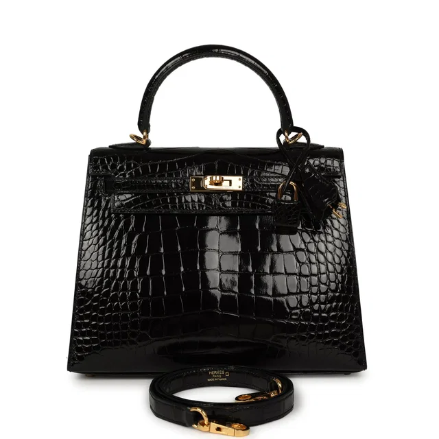 Hermès Kelly Sellier 25 Black Shiny Alligator Gold Hardware in Black Crocodile from Madison Avenue Couture