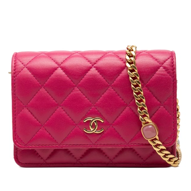 Pink Chanel Mini CC Quilted Lambskin Pearl Samba Wallet On Chain Crossbody Bag in Pink Lambskin from Designer Revival