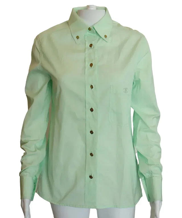 Chanel Green CC Shirt Gold Buttons Size 38 in Green from Luxury Promise