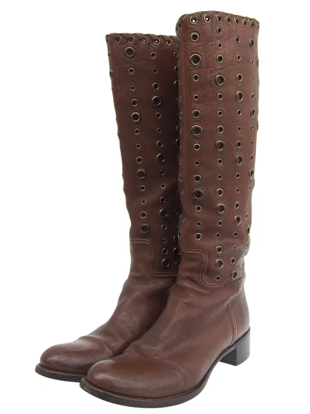 Prada Punched design long boots #36.5 Brown in Brown Leather from VINTAGE QOO TOKYO