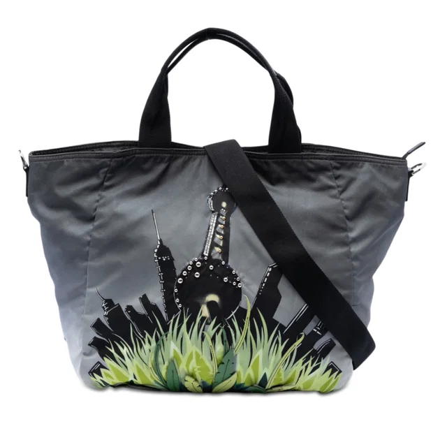 Gray Prada Tessuto City and Jungle Print Tote Satchel in Grey Nylon from Designer Revival