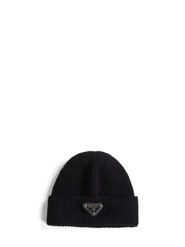 Prada 2hc4263imf0002 Cashmere English Rib Knit Beanie — Black Beanies in Black Cashmere from HEWI