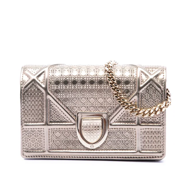 Gold Dior Metallic Patent Microcannage Diorama Wallet on Chain Crossbody Bag in Gold Patent leather from Designer Revival