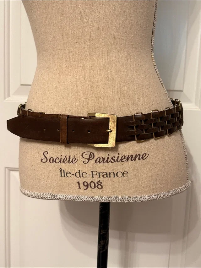 Lanvin Brown Leather Woven Belt With Brass Buckle & Accents Size 36 in gold|brown|red Woven leather from Poshmark