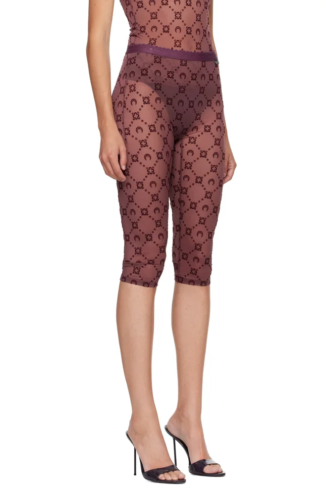 Marine Serre Burgundy Moonogram Mesh Flock Capri Leggings, photo 2 of 4 from SSENSE