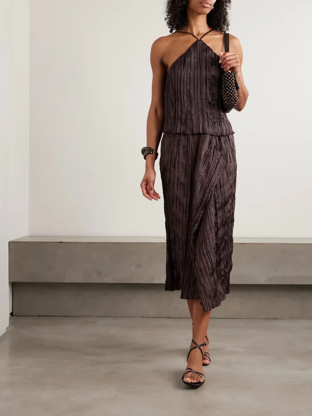 STAUD Mai draped plissé-satin midi skirt in Brown, photo 2 of 2 from NET-A-PORTER (Canada)