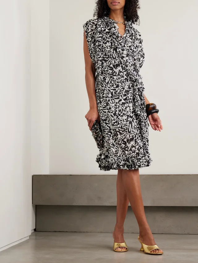 DRIES VAN NOTEN Ruffled printed crepe de chine midi wrap dress in Black, photo 2 of 2 from NET-A-PORTER (Canada)