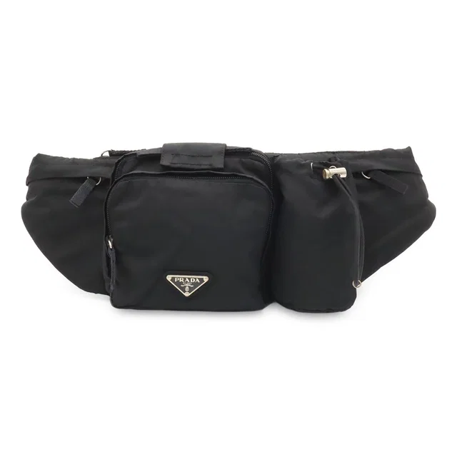 Prada Triangle Logo Waist Bag Pouch Hip Nylon Nero Black Silver in Black Nylon from The Reluxe