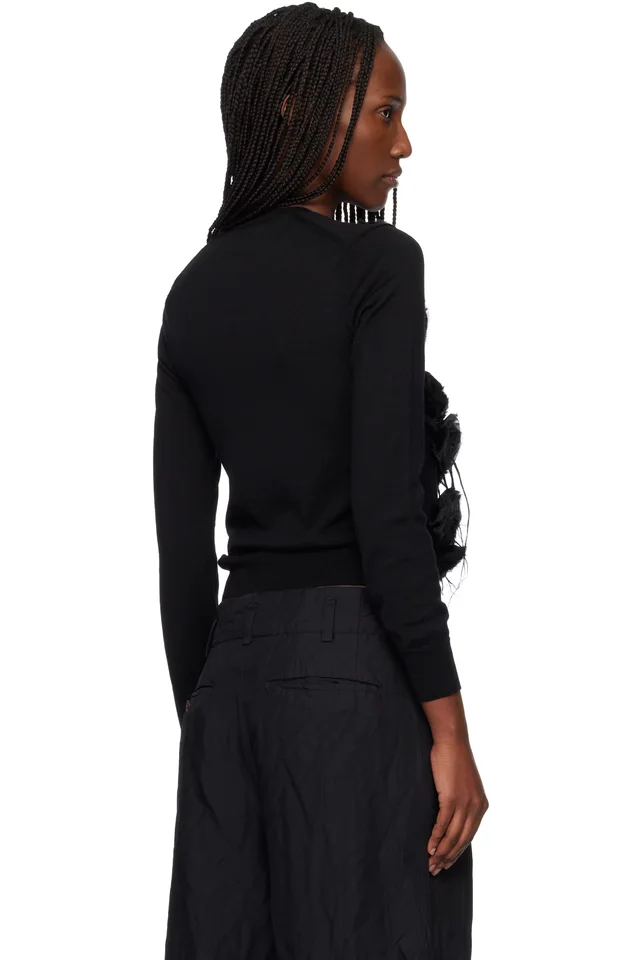 Comme des Garçons Comme des Garçons Black Lambswool Jersey X Flower Embroidery Cardigan, photo 3 of 4 from SSENSE