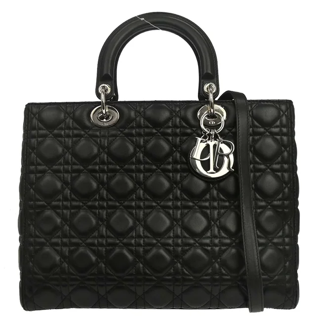 Black Lambskin Large Lady Dior Cannage 2way Shoulder Handbag in Black Lambskin from AMORE Vintage Tokyo