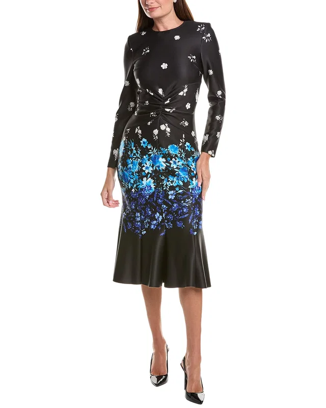 Teri Jon by Rickie Freeman Scuba Floral Ruched Midi Dress in //asset1.ruecdn.com/images/sw/105079/1050791784_RLSW_black multi.jpg, image 1 of 1 from Rue La La