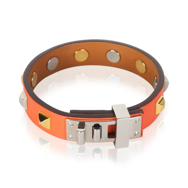 Hermès Gold-Plated Mini Dog Clous Carres Studded Bracelet in Gold Silk from myGemma