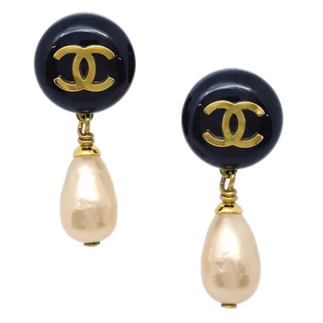 Chanel Artificial Pearl Dangle Earrings Clip-On Black 94P in Black Resin from AMORE Vintage Tokyo