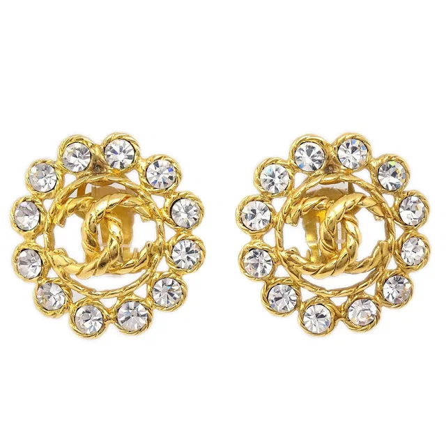 Chanel Button Rhinestone Earrings Clip-On 29 Gold in Gold from AMORE Vintage Tokyo