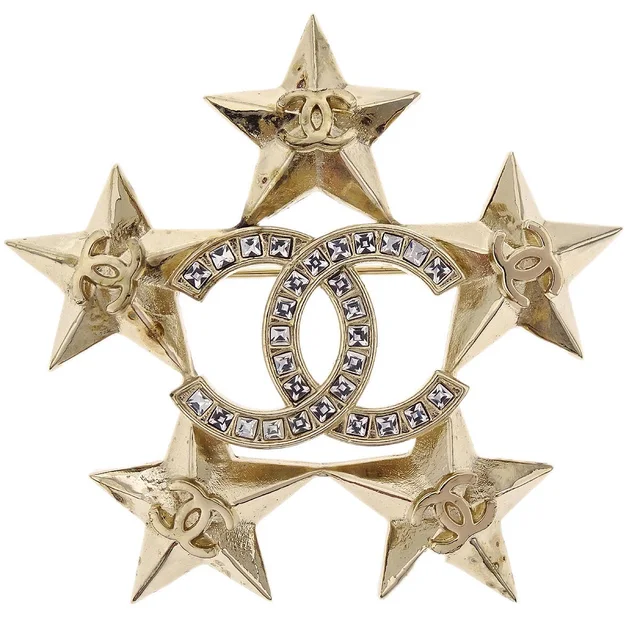 Chanel Star CC Brooch Pin Gold Rhinestone A17C in Gold from AMORE Vintage Tokyo