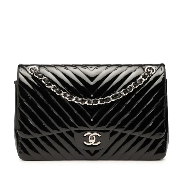 Black Chanel Jumbo Classic Chevron Patent Double Flap Shoulder Bag in Black Patent leather from Designer Revival