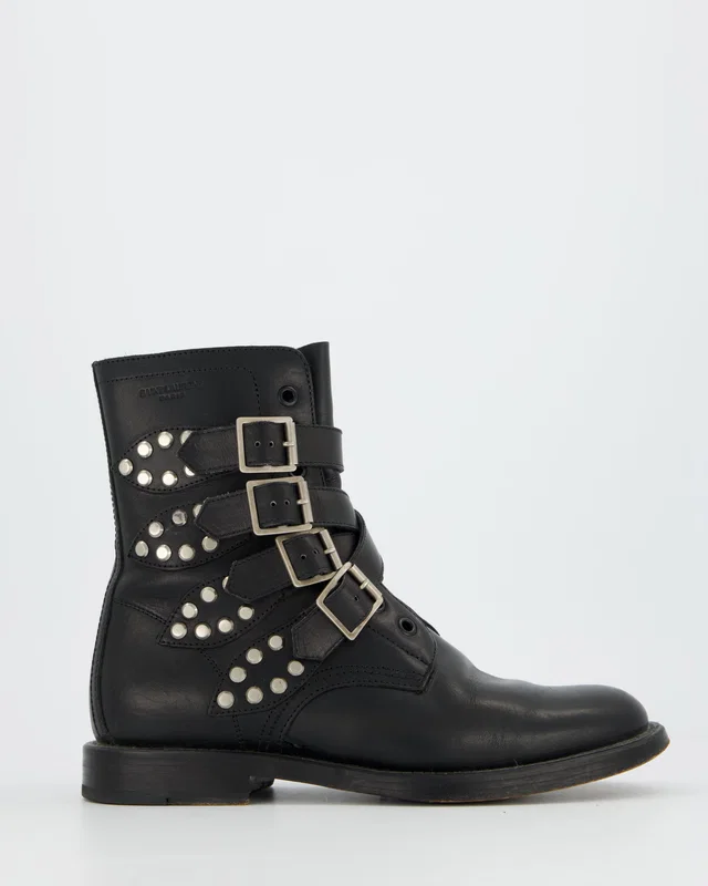 Saint Laurent Black Leather Combat Boots with Stud and Buckle Details Size EU 38 in Black Leather from Sellier