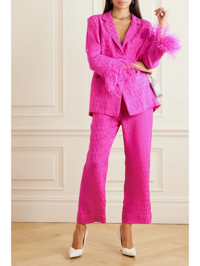 VALENTINO GARAVANI Feather-trimmed silk-jacquard shirt in Pink, photo 2 of 2 from NET-A-PORTER (Canada)