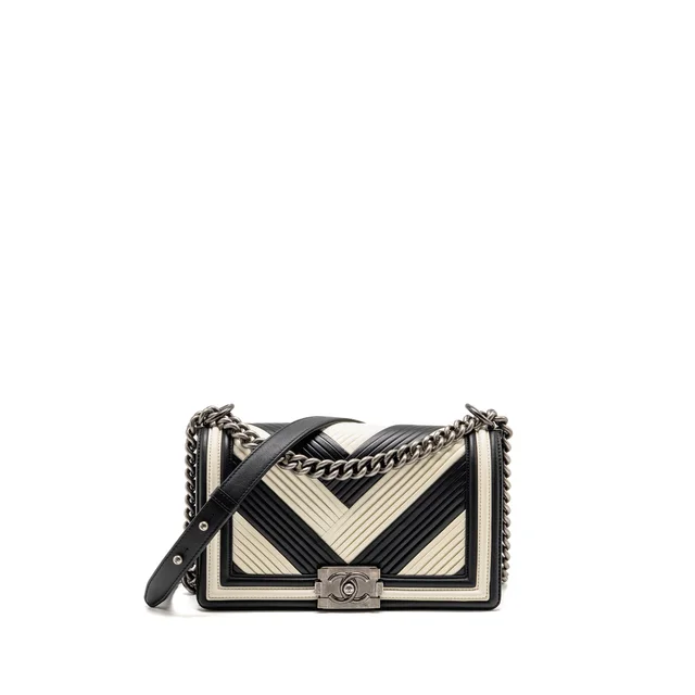 Chanel 16A Medium Boy Bag Pleated Calfskin Black/White RUTHENIUM HARDWARE in Black Calfskin from EMIER