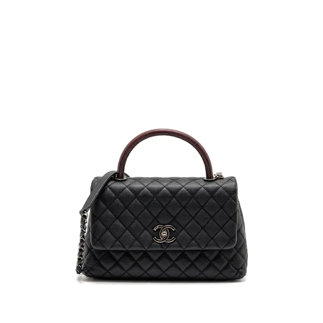 Chanel Medium Coco Handle Flap Bag Lizard Embossed Handle Caviar Black Ruthenium Hardware in Black Caviar leather from EMIER