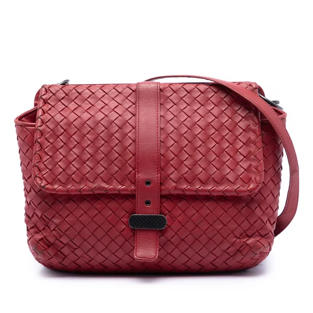 Red Bottega Veneta Nappa Intrecciato Double Sided Flap Messenger Bag in Red Nappa leather from Designer Revival