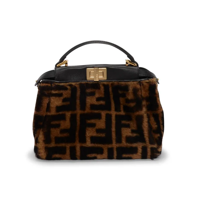 Fendi FF Shearling & Nappa Mini Peekaboo Bag in Tobacco & Black Nappa leather from Blue Spinach