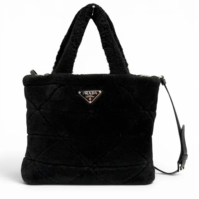 Prada Triangle Logo 2-Way Shearling Fur Shoulder Bag Black in Black from The Reluxe