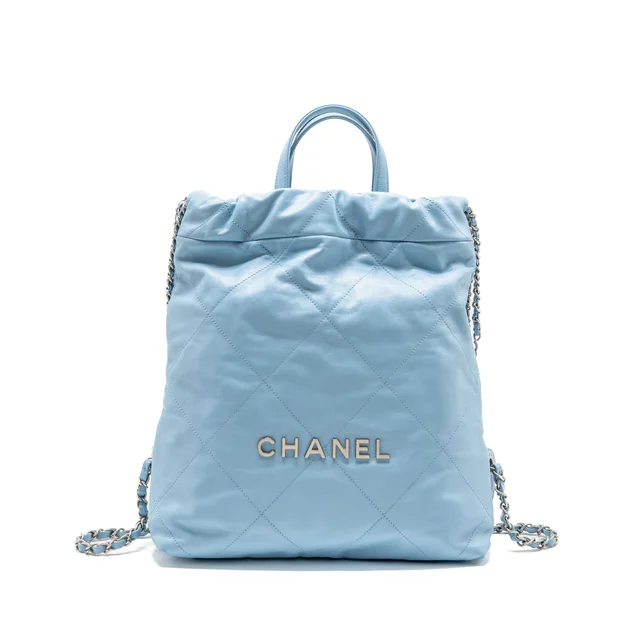 Chanel Small 22 Backpack Shiny Calfskin Sky Blue Brushed SHW (Microchip) in Blue Calfskin from EMIER