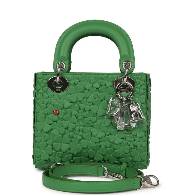 Mini Lady Dior Bag "Clover" Shamrock Lucky Green Lambskin Silver Hardware in Green Lambskin from Madison Avenue Couture