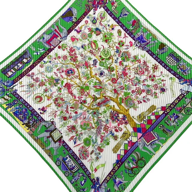 Hermès Scarf Carre Plisse Green White Fantaisies Indiennes in White from The Reluxe