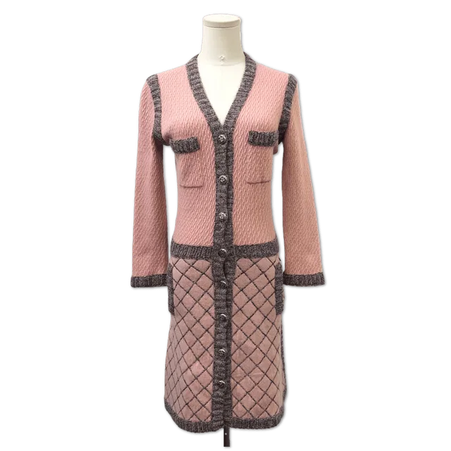 Chanel Pink Contrast-Trim Quilted Knit Long Cardigan Dress size 36 in Pink from Luxury Promise