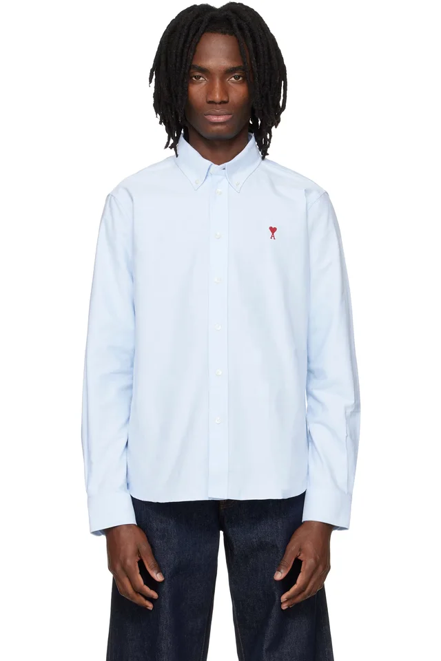 AMI Paris Blue Classic Long Sleeve Button-Down Collar Embroidered ADC Shirt, image 1 of 1 from SSENSE