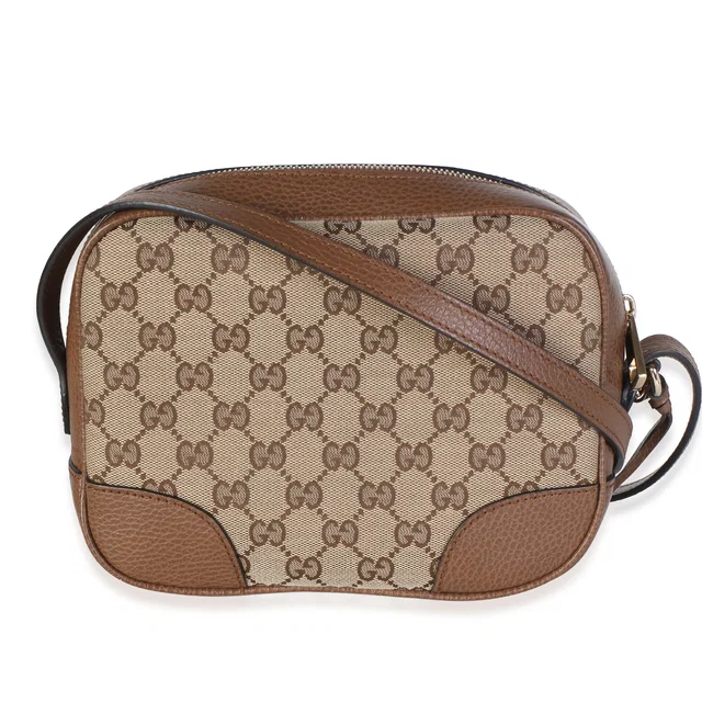 Gucci Brown Dollar Calfskin Beige GG Canvas Mini Bree Messenger Bag in Brown Calfskin from myGemma