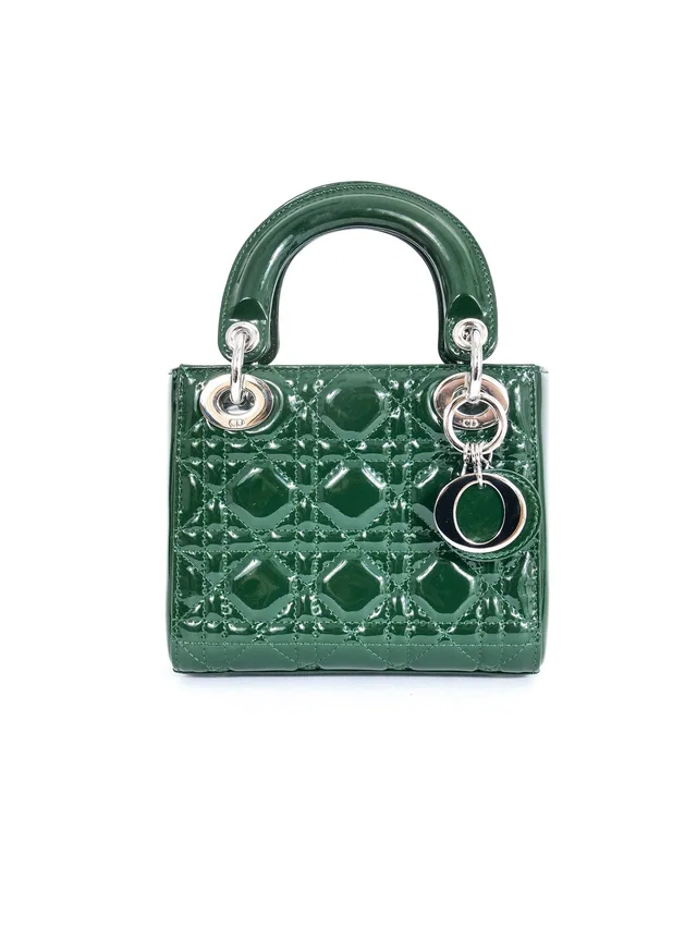 Lady Dior Emerald Patent Mini Handbag in Green Patent leather from Arcade Vintage