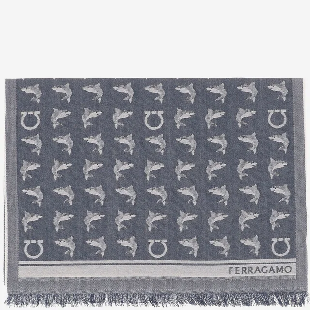 Ferragamo Wool Logo-Jacquard Scarf — Gray Scarfs in Grey Wool from HEWI