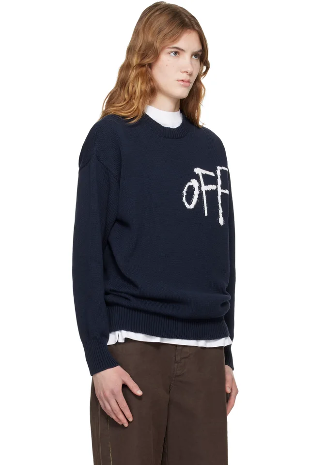 Off-White Navy Bookish Shared Cotton Knit Crewneck Sweater, photo 2 of 4 from SSENSE