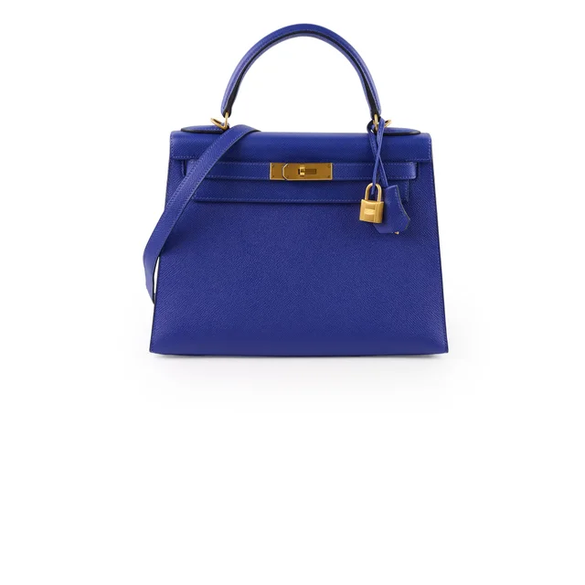 Hermès Kelly 28 Epsom Bi Colour Bleu Electrique - A Stamp in Blue Epsom leather from The Purse Affair