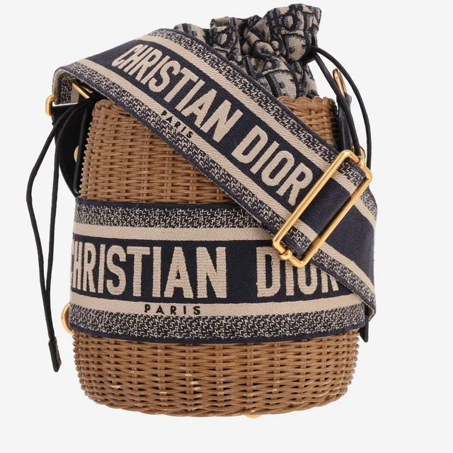 Dior Bucket handbag in beige wicker, canvas and Bleu Marine leather in Beige Canvas from Collector Square