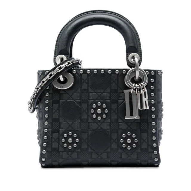 Black Dior Mini Calfskin Cannage Studded Flower Lady Dior Satchel in Black Calfskin from Designer Revival