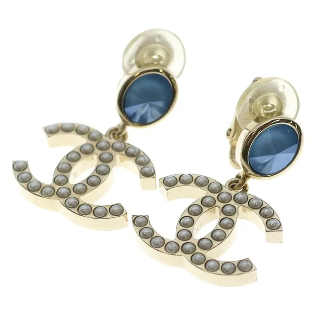Chanel CC Logo Faux Pearl Blue Stone Earrings Gold White in White from The Reluxe